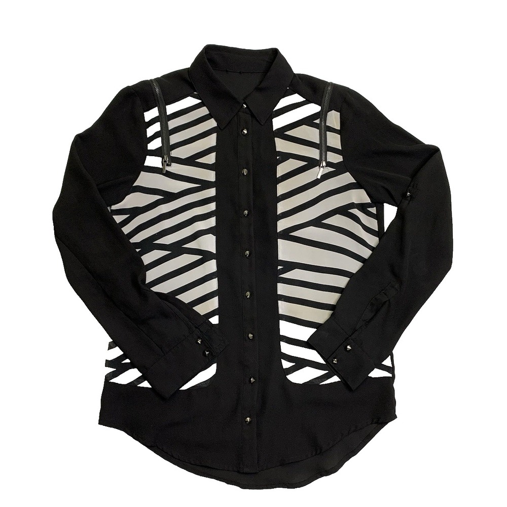 BEBE Women's Small Black/White Silk Stripe Cuffed Long Sleeve Blouse Spikes VTG